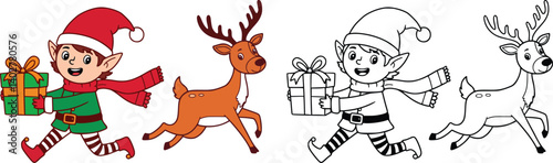 Christmas elf holding a gift and reindeer in running pose, festive holiday color and coloring page style illustration