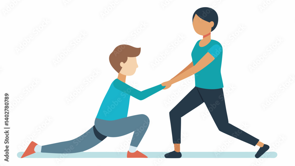 Fototapeta premium Guided Stretch An instructor assisting a participant in a modified lunge pose using a s for support showcasing gentle guidance and support.
