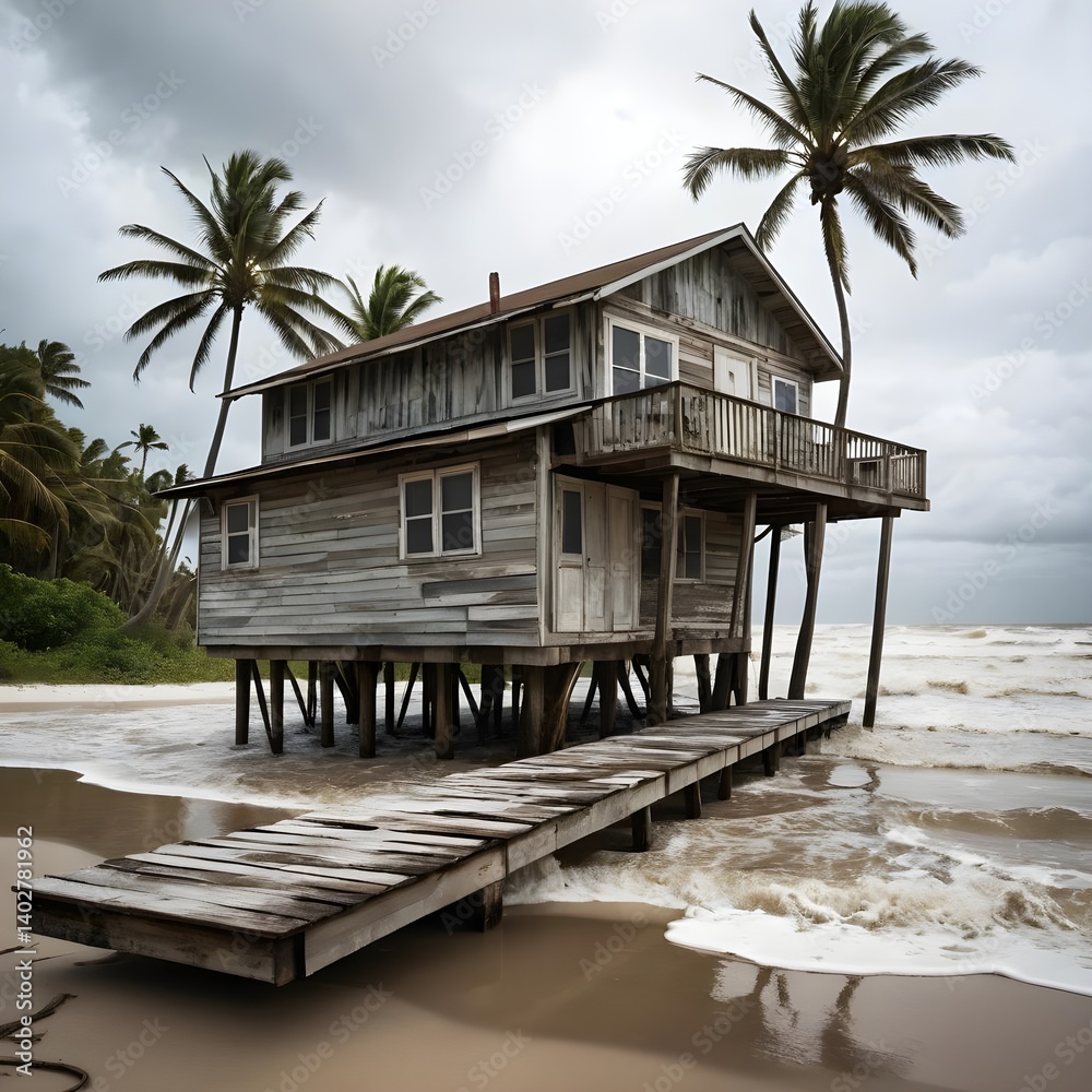 Fototapeta premium Stormy Seas Overrun Stilt House