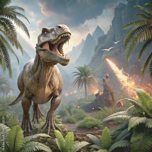A mighty Tyrannosaurus rex stands dominant in a misty, sun-dappled Cretaceous forest for Dinosaur Day