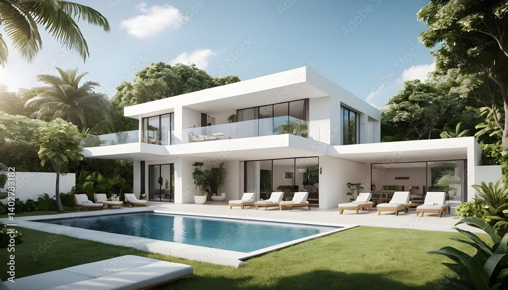 Fototapeta premium Modern Luxury Villa with Infinity Pool and Tropical Garden