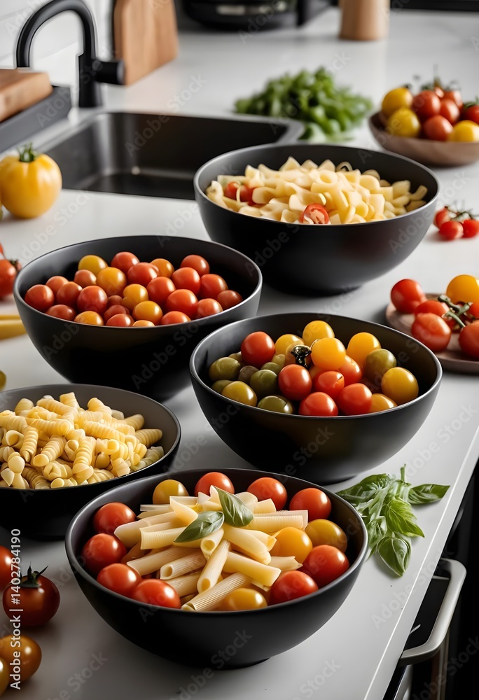 Delicious Pasta and Cherry Tomatoes in Black Bowls Delicious Pasta and Cherry Tomatoes in Black Bowls