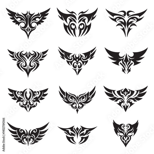 Maori tribal tattoos with bold symmetrical layout animal head motifs vintage ornament wings and strong silhouette for skin artwork
