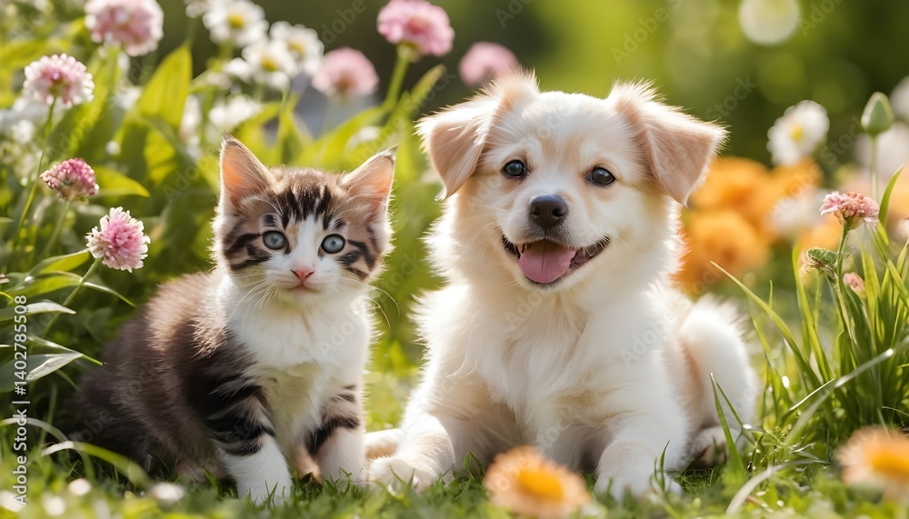 Obraz premium Kitten and Puppy in a Flower Garden