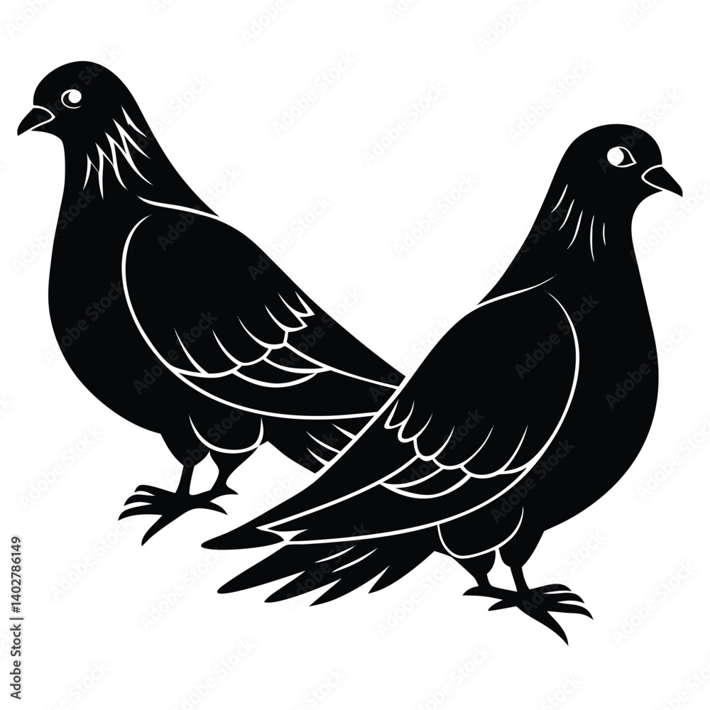 Fototapeta premium Black Silhouette Pigeons Vector Illustration: Two Pigeons Standing Side by Side, Bird Graphic Design, Wildlife Art, Animal Clipart