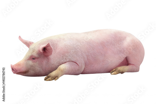 Realistic Pig Lying Down with Pink Skin Texture Transparent Background
