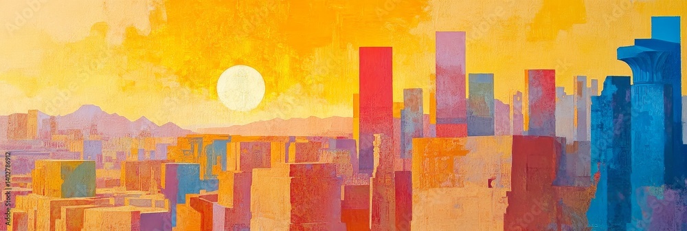 Abstract cityscape painting with warm colors and a bright sun or moon.