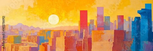 Obraz na płótnie Abstract cityscape painting with warm colors and a bright sun or moon. w salonie