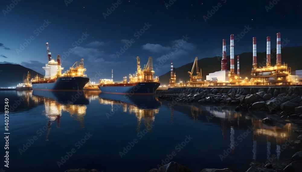 Fototapeta premium Night View of Cargo Ships at an Illuminated Refinery