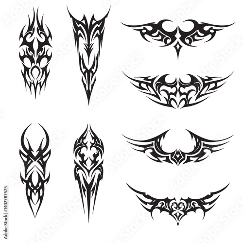 Stylized tribal animal tattoos featuring symmetrical Maori art vintage wings and bold silhouette ornaments for standout body ink
