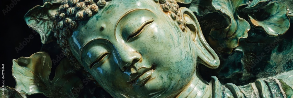 Sleeping Buddha statue face detail in stone with foliage background.