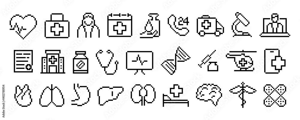 Set of pixel style medical icons including heart, doctor, ambulance, hospital, organs, stethoscope, helicopter, syringe, mobile app, and microscope.