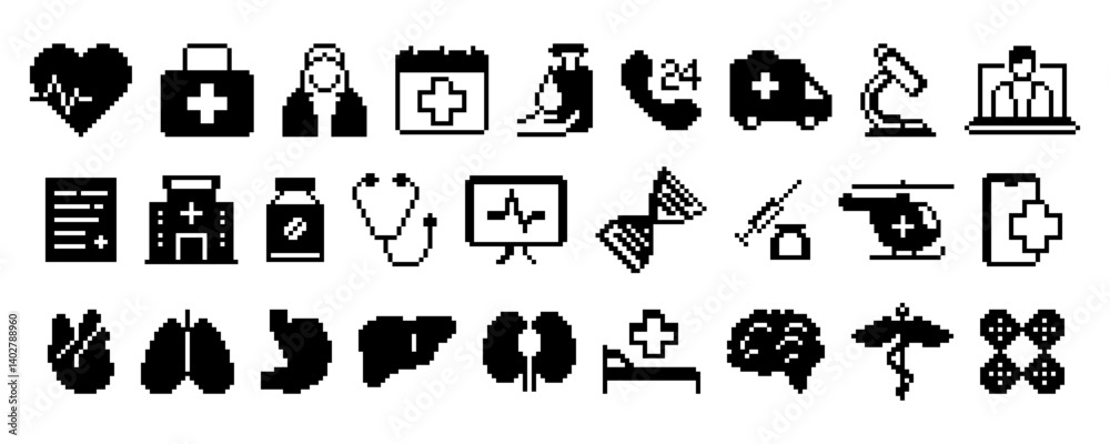 Set of pixel style medical silhouette icons including heart, doctor, ambulance, hospital, organs, stethoscope, helicopter, syringe, mobile app, and microscope.