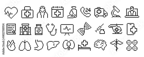 Obraz na płótnie Set of pixel style medical icons including heart, doctor, ambulance, hospital, organs, stethoscope, helicopter, syringe, mobile app, and microscope. w salonie