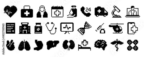 Obraz na płótnie Set of pixel style medical silhouette icons including heart, doctor, ambulance, hospital, organs, stethoscope, helicopter, syringe, mobile app, and microscope. w salonie