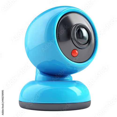 Blue 3D cartoon plastic webcam with round lens and red dot, perfect for communication, video call, and tech-related visuals.
