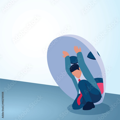 A man comes out of a large face mask. A metaphorical illustration of lies, false faces and hypocrisy in business.