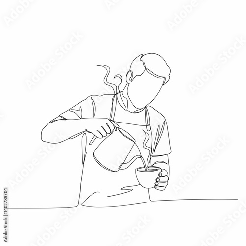 Continuous line drawing illustration of a barista pouring a hot drink, with steam rising from the cup. Minimalist black and white art.