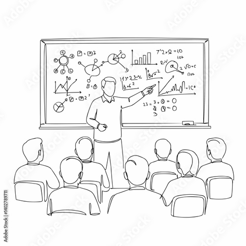 Single continuous line drawing of a teacher at a whiteboard giving a lesson to students in a classroom, illustrating concepts like education, learning, and academic study.