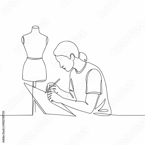 Continuous line drawing of a person sketching next to a dress form, illustrating the creative process in fashion design or illustration.