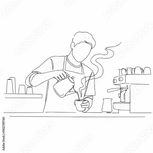 Continuous line art drawing of a barista pouring coffee or milk into a cup, with steam rising, next to a coffee machine. Ideal for cafe themes and beverage concepts.
