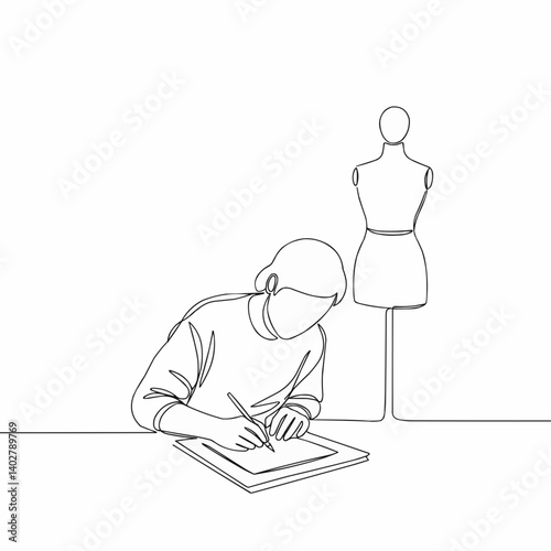 Continuous line drawing of a fashion designer sketching at a desk with a mannequin. Minimalist creative illustration.