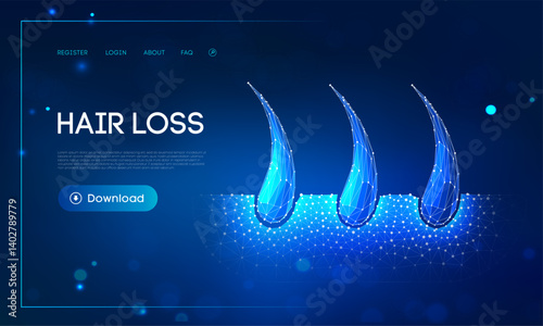 Hair loss treatment digital concept with glowing hair follicle wireframe structure on blue futuristic background, care technology banner, scalp regeneration, and follicle restoration