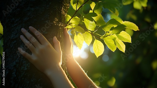 Hands embracing nature by lifting a tree with bright green leaves in a peaceful natural setting