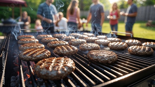 Juicy hamburgers grilling on barbecue with blurred people in background, summer cookout