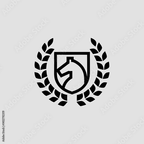 A crest-style logo for an equestrian academy, with a horse head, laurel wreath