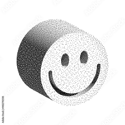 Black and white stylized smiley face created using a dot-based technique