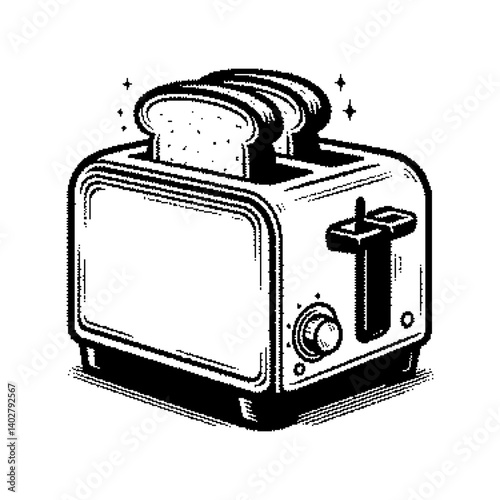 Black and white illustration of a vintage toaster with two slices of toast.