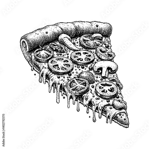 Illustration of a dripping pizza slice with cartoonish toppings in a Gothic style