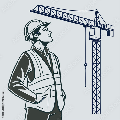 Construction worker looking up at a crane against a light background  