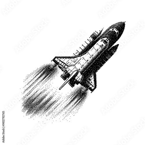 Vintage rocket ship launching into space with detailed sketch style