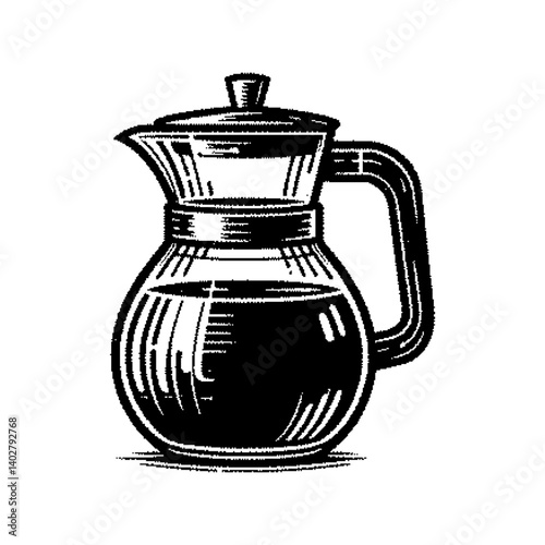 Vintage coffee pot illustration in black and white with detailed line work