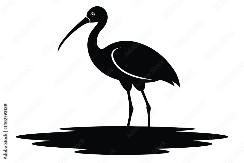 Fototapeta premium Ibis Bird Standing in Shallow Water Silhouette Vector