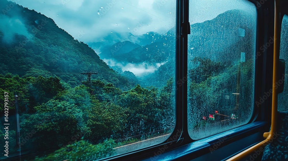 Naklejka premium Scenic view from a train window showcasing lush green mountains and misty valleys in the rain