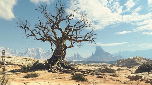 Withered tree with twisted branches standing defiant in a desert wasteland