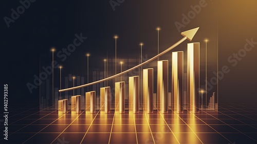 business chart up gold arrow sign on futuristic grid background