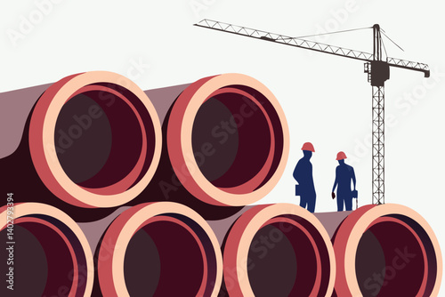 Construction workers assessing pipes under a crane backdrop  
