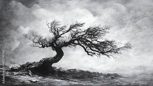 A gnarled lone tree enduring the dry winds of a relentless desert