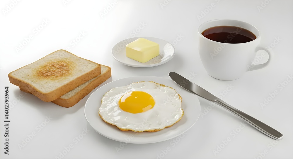 Fototapeta premium Isolated flat lay of a breakfast table with toast, egg, tea, butter, and utensil—perfect for commercial food photography or digital use
