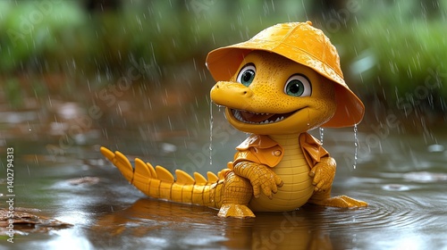 A cheerful, yellow dinosaur in a rain hat enjoys a rainy day puddle.