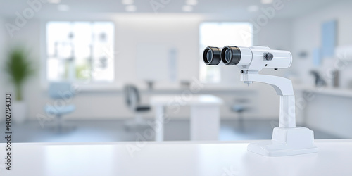 Modern binocular slit lamp standing on table in ophthalmology clinic. Blurred background