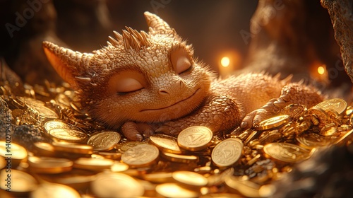 A cute dragon rests peacefully amidst a treasure hoard of gold coins.