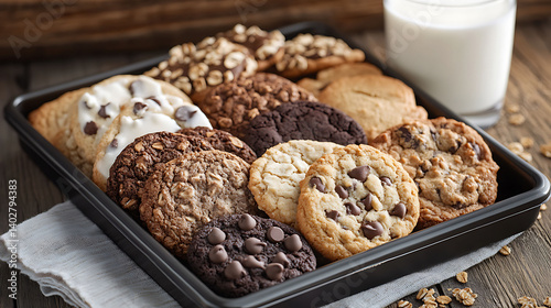 A tray of assorted cookies including oatmeal chocolate chip and shortbread with a glass of milk