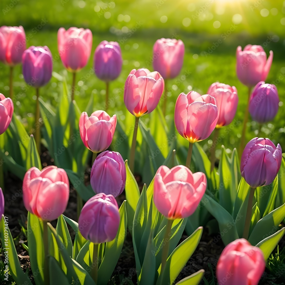 Fototapeta premium Pink Tulips in a Spring Meadow