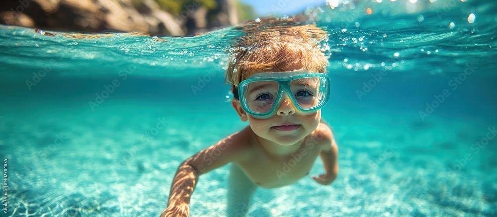 Naklejka premium Toddler snorkeling, clear ocean, sunny beach