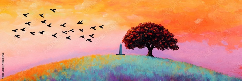 Colorful landscape with a tree a small structure and birds in the sky.